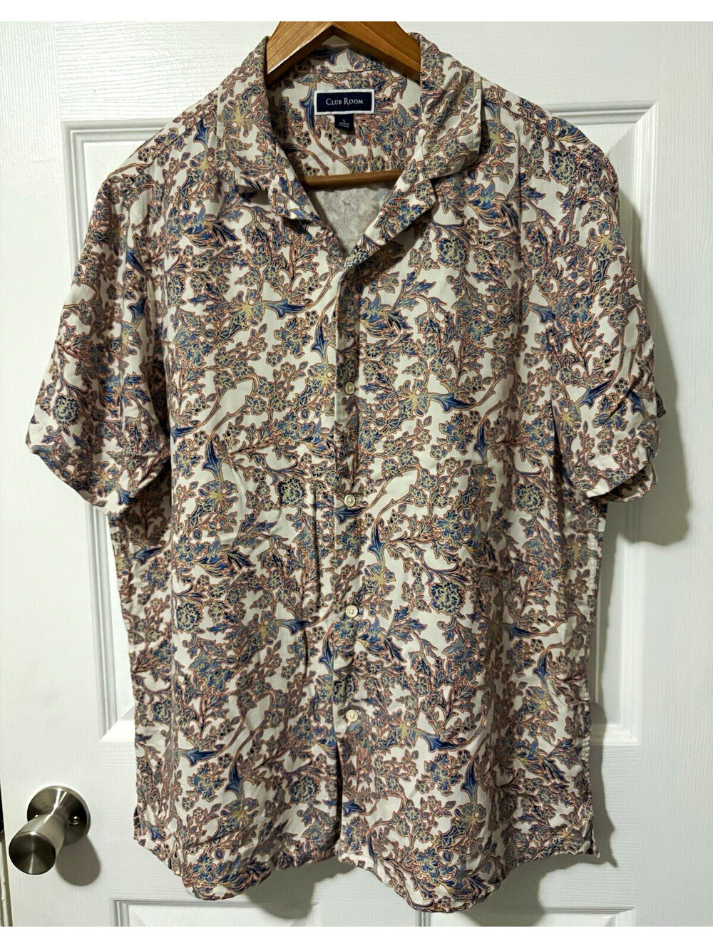 Club Room Men's L White/Blue/Red Floral Woven Silk/Rayon Short Sleeve Shirt
